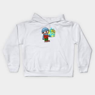 boy is holding a gift with a cat peeking out from it Kids Hoodie